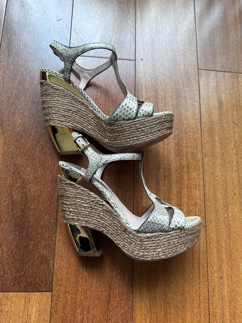 Miu Miu Beige Snake-Print Espadrille Wedge Sandals with Gold Accents